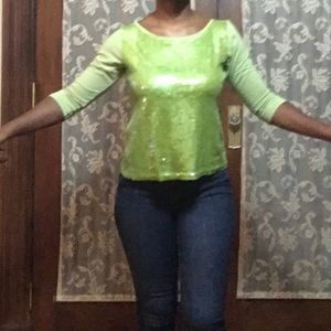 Lime green sequin 3/4 sleeve top